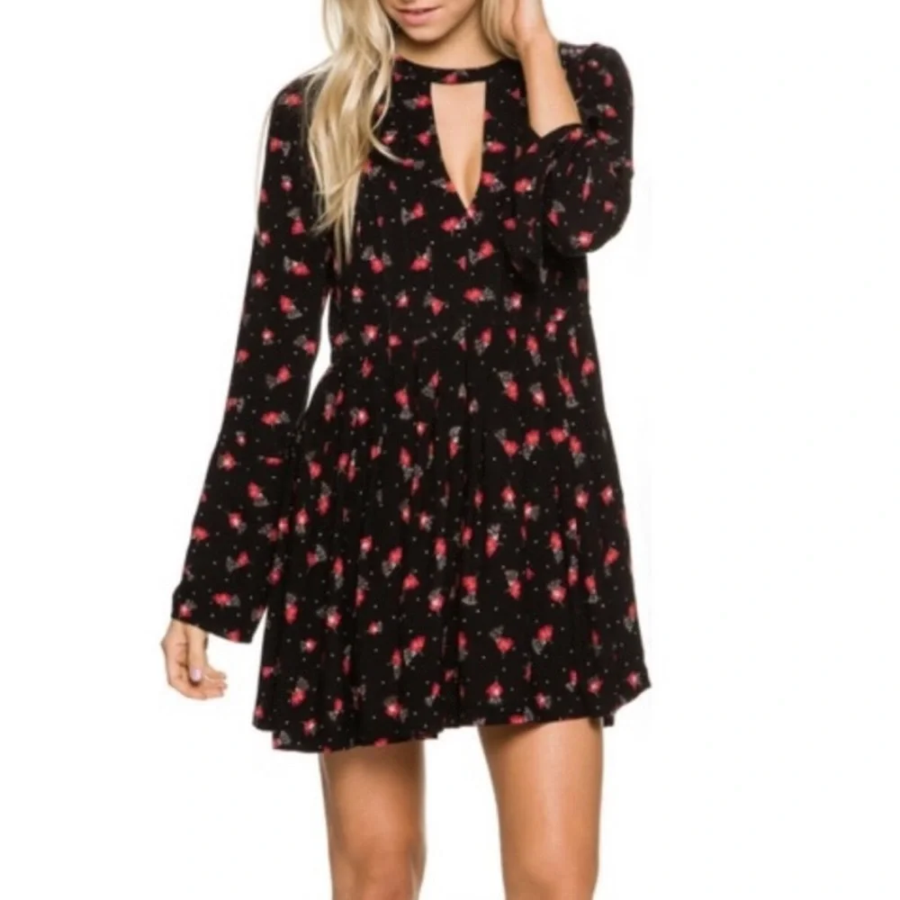 Free People Teagan Black Floral Deep V Neck Open Back Bell Sleeve Mini Dress